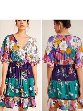 Anthropologie Multicolor Floral Mix V-Neck Dress NWOT